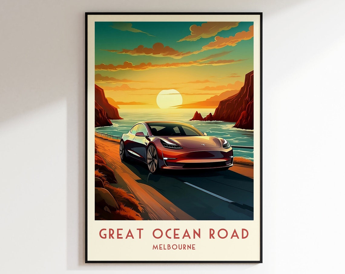 Great Ocean Road Sunset Coastal Drive Electric Car Travel Poster