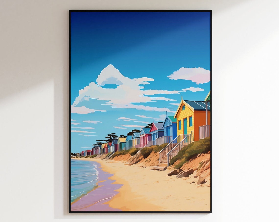 Colorful Beach Bathing Huts Golden Sand Seaside Travel Poster