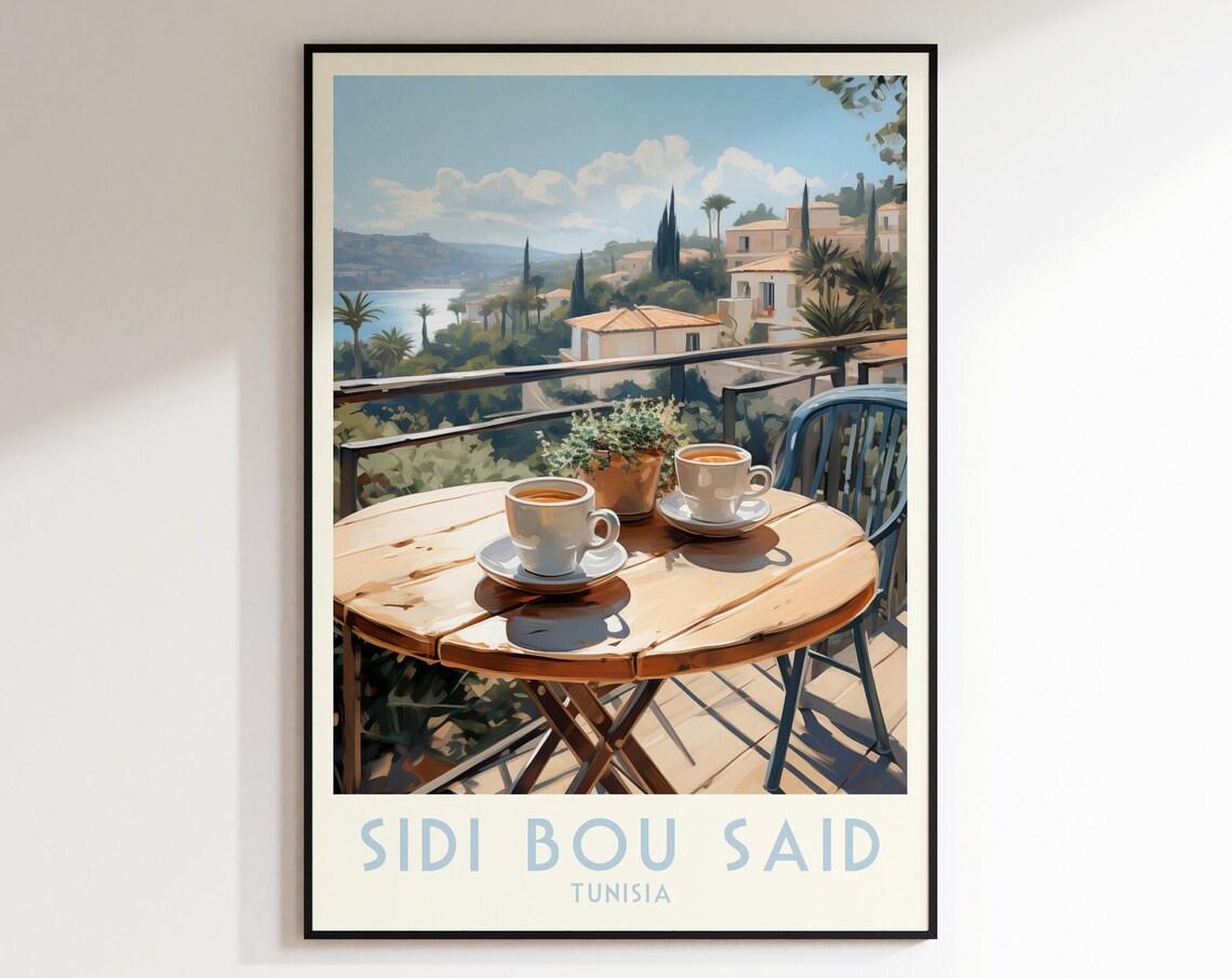 Sidi Bou Said Tunisia Terrace Coffee Bay View Morning Travel Poster