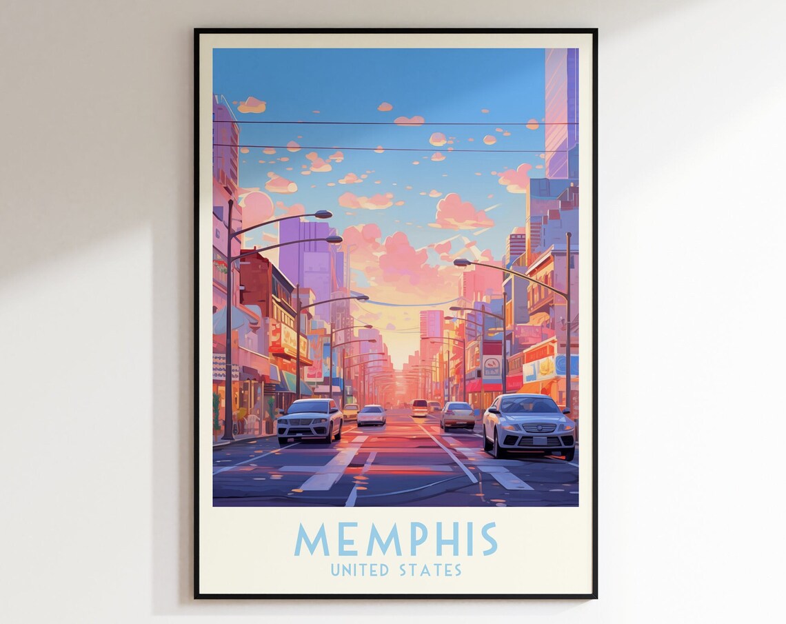 Memphis Sunset City Street with Pink Clouds Travel Poster Art