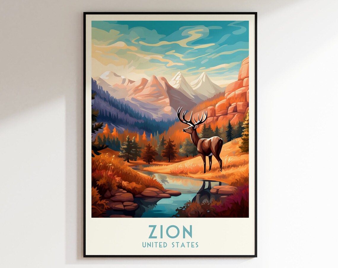 Zion National Park Autumn Elk Streamside Scene Vintage Travel Poster