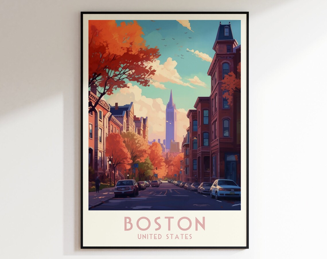 Boston Autumn Brownstone Street with Church Spire Travel Poster