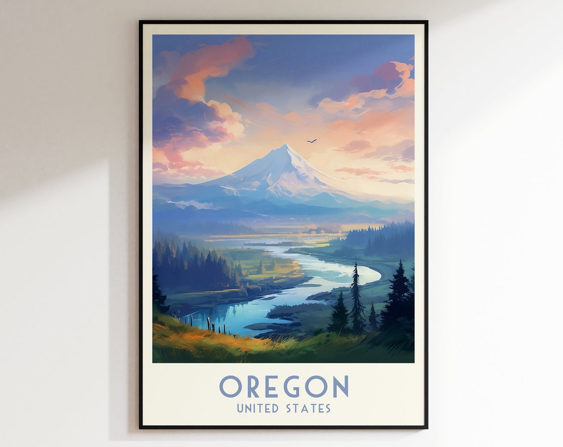 Oregon United States Snowy Peak River Valley Dawn Travel Poster