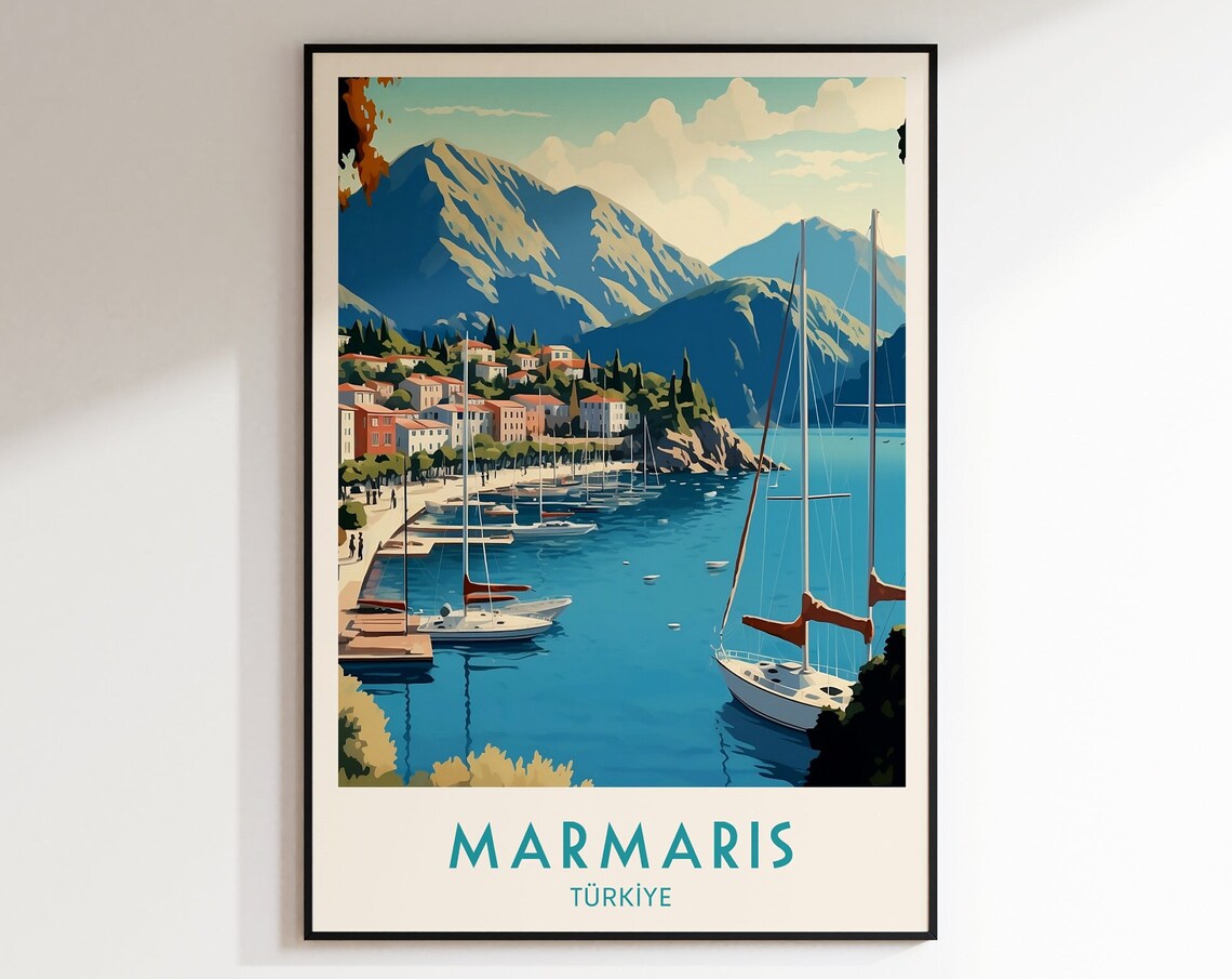 Marmaris Turkiye Sailboat Harbor Mountain Bay Retro Travel Poster