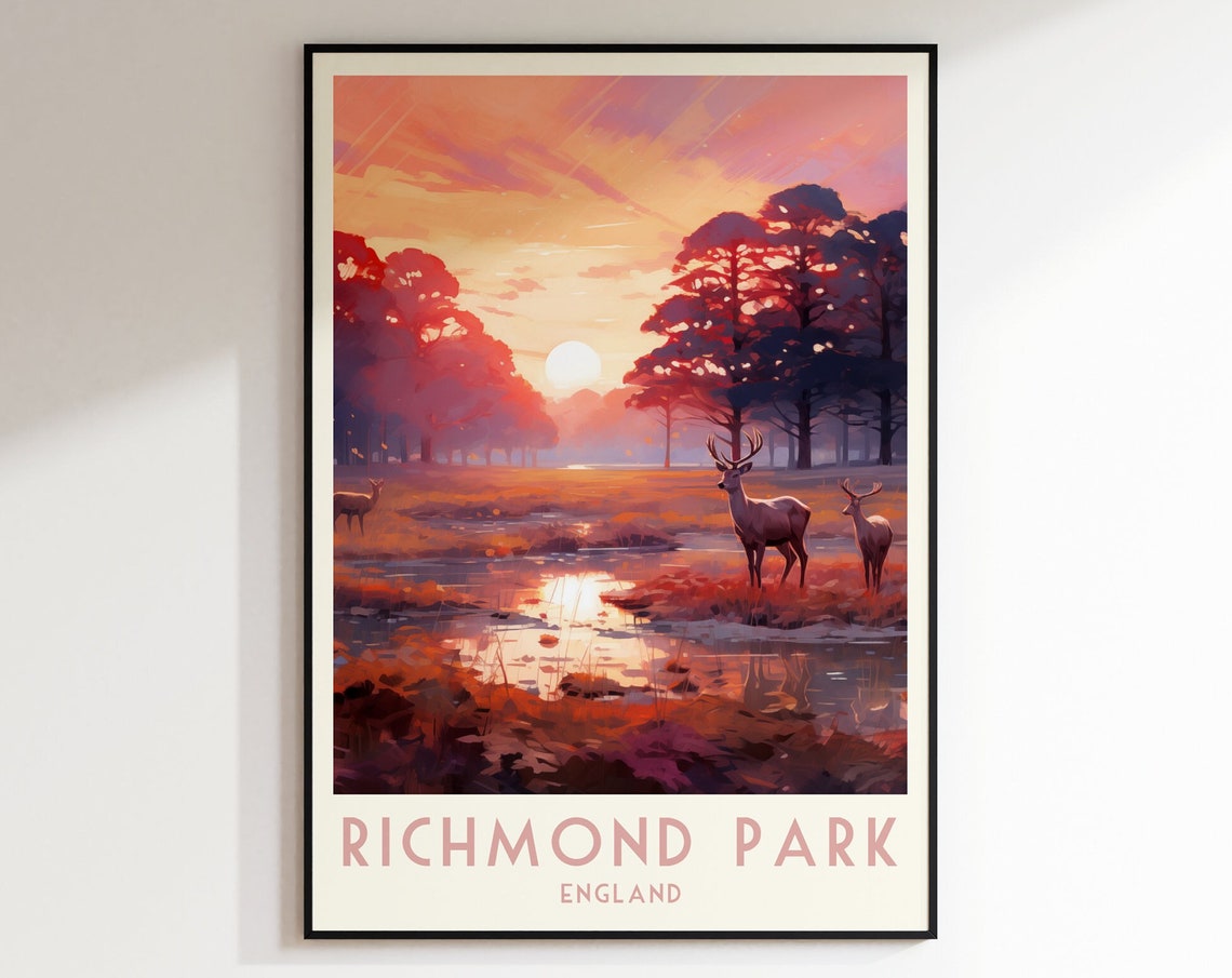 Richmond Park London Deer Sunset Stream Golden Wildlife Poster