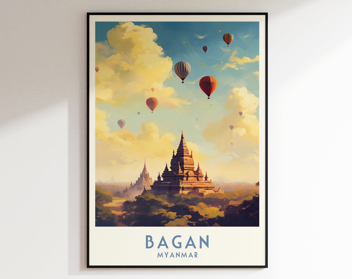 Bagan Myanmar Hot Air Balloons Over Golden Temple Sky Poster