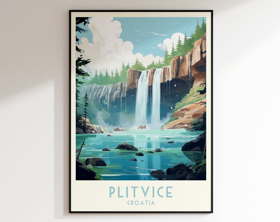 Plitvice Croatia Waterfall Cliff Turquoise Pools Forest Poster