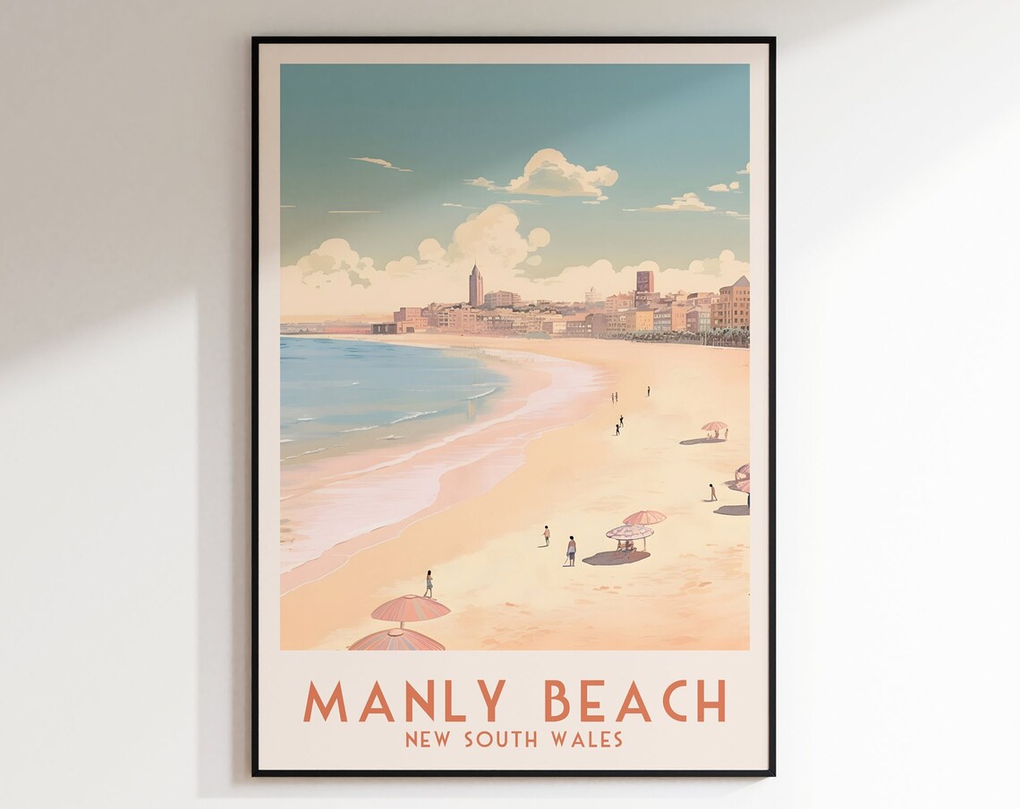 Manly Beach New South Wales Umbrellas Shoreline Travel Poster