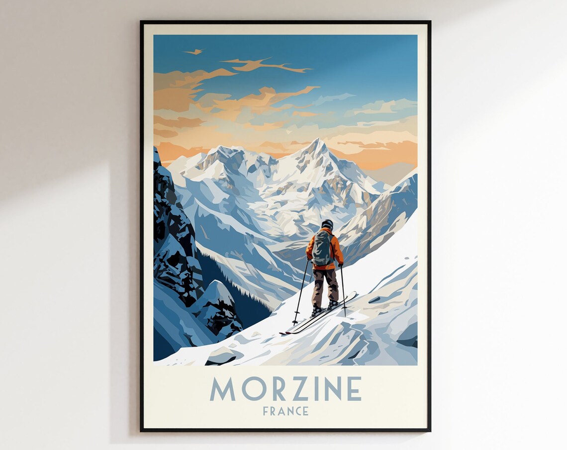 Morzine France Skier at Sunset Over Snowy Peaks Panorama Poster