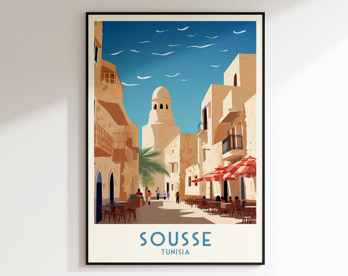 Sousse Tunisia Vintage Medina Old Town Street Cafe Scene Poster