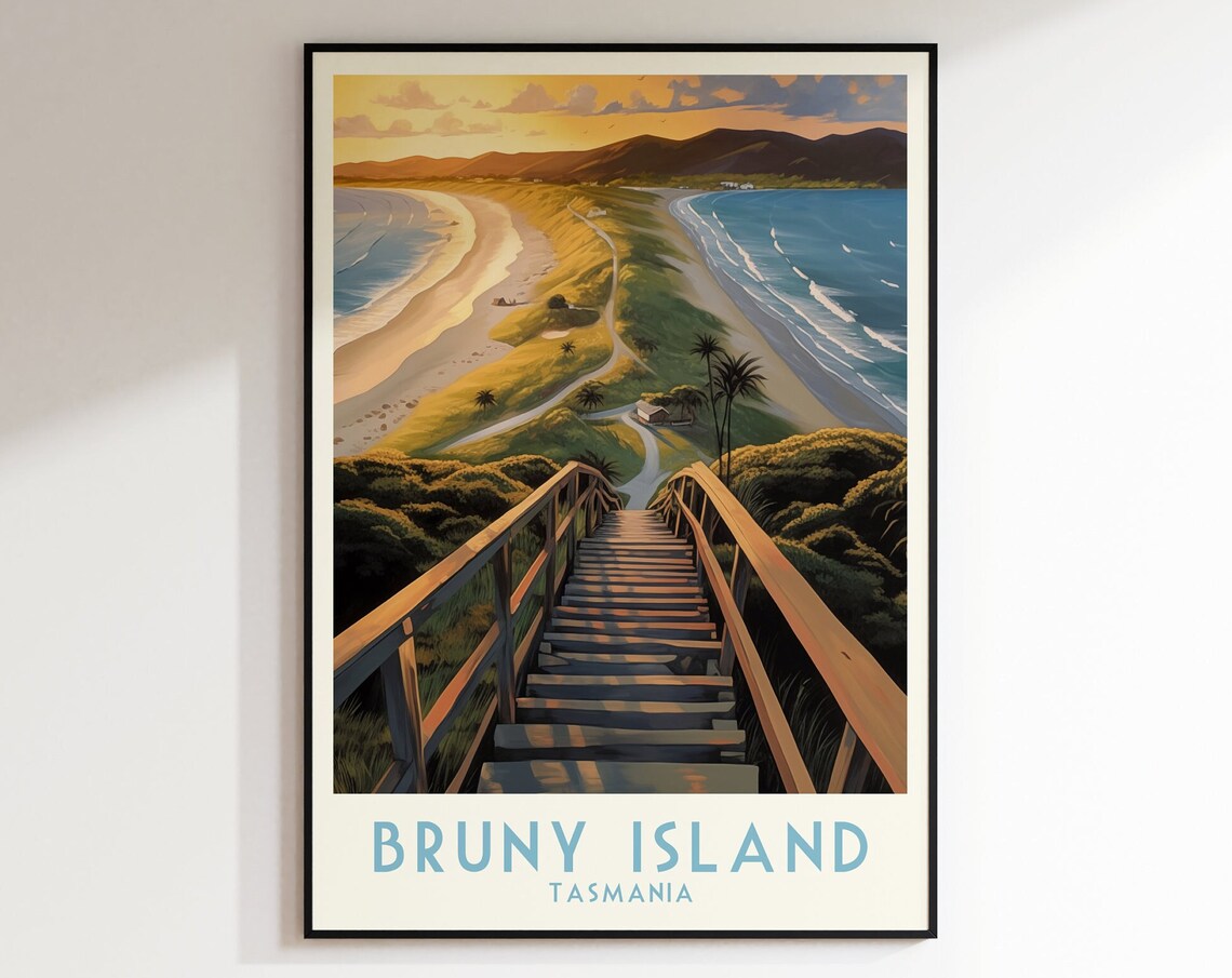 Bruny Island Tasmania Wooden Stairs Beach Sunset Travel Poster