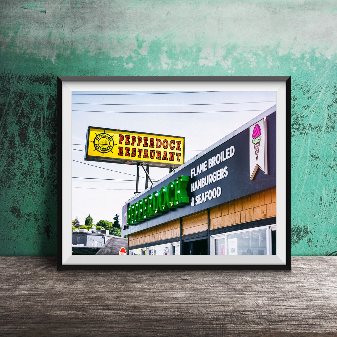 Pepperdock Restaurant Seattle Flame Broiled Burgers Sign Poster
