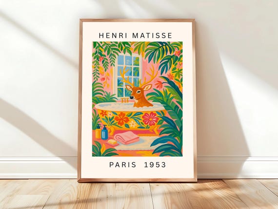Maximalist Decor For Bathroom Deer In Bathtub Funny Poster Matisse Print Tropical Wall Art Animal