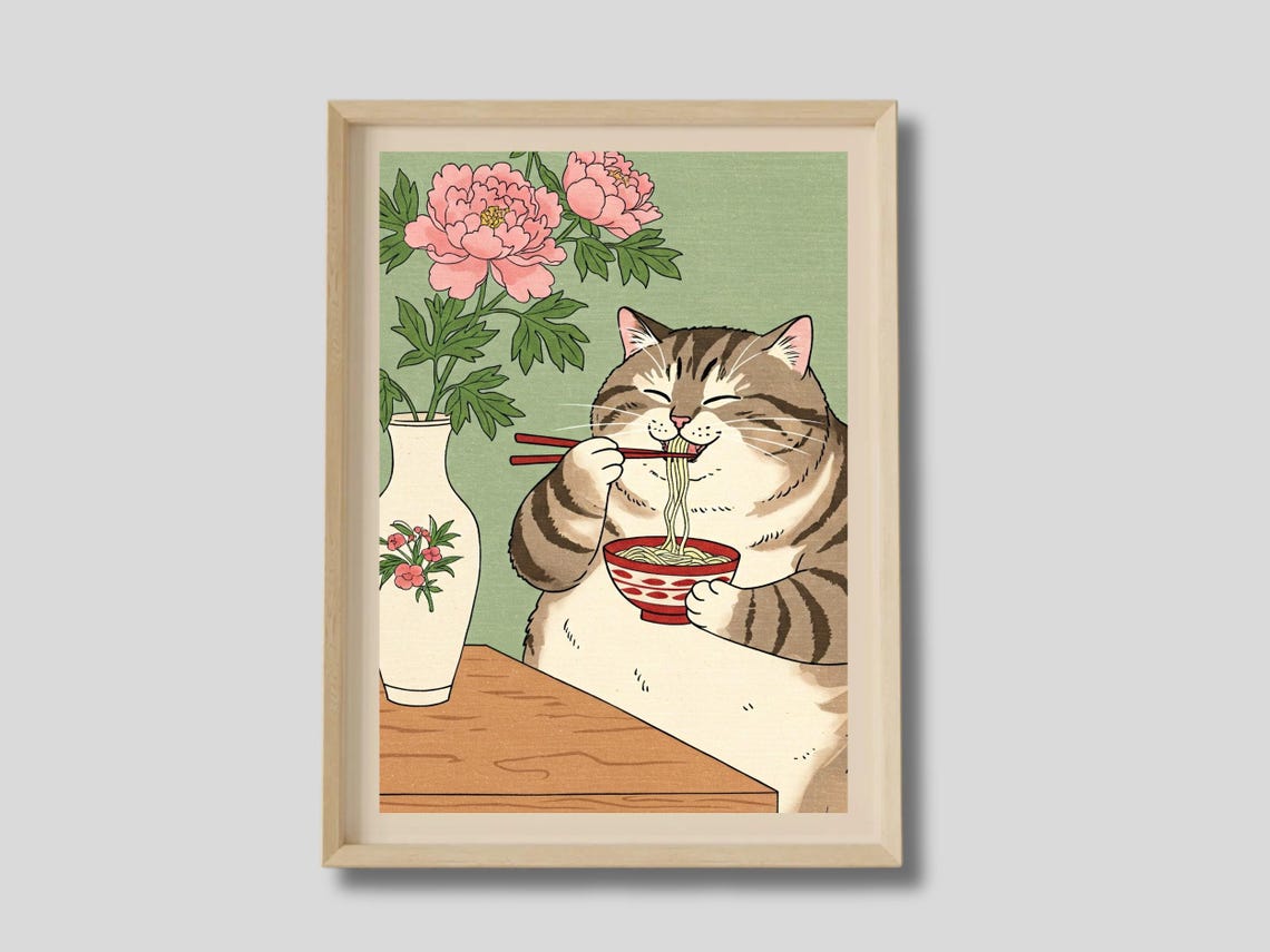 Chubby Tabby Cat Eating Noodles With Chopsticks Peony Art Poster