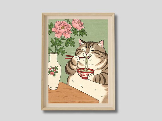 Chubby Tabby Cat Eating Noodles With Chopsticks Peony Art Poster