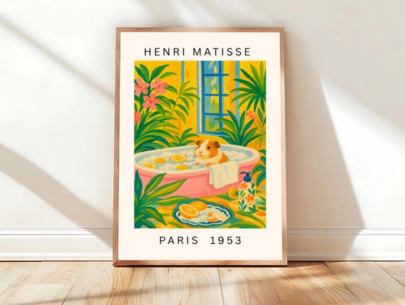 Guinea Pig Art Print Funny Bathroom Botanical Decor Mid Century Modern Matisse Dopamine