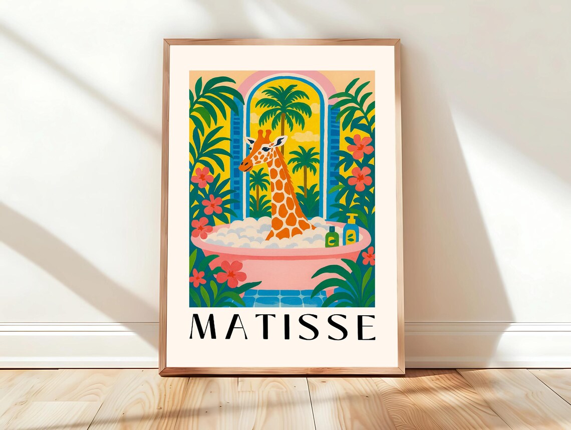 Giraffe in Bathtub Tropical Palms Matisse Style Bathroom Poster