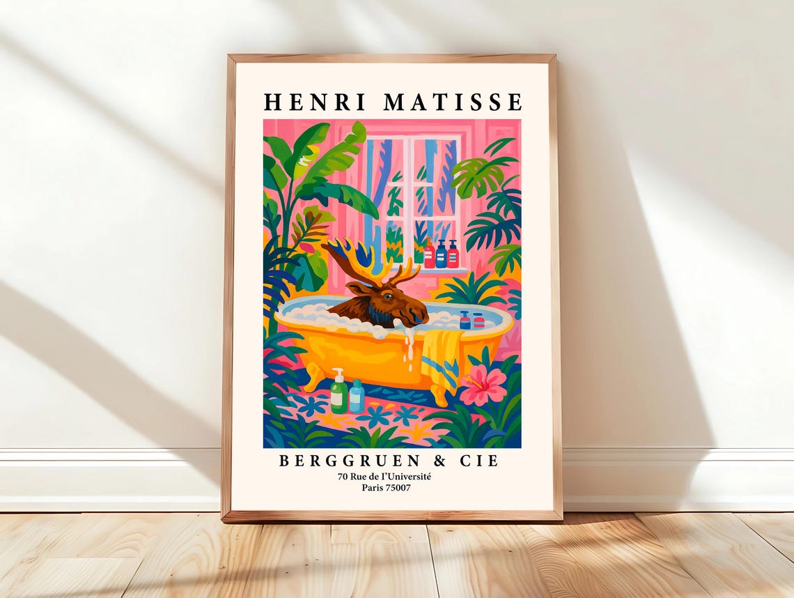 Henri Matisse Style Moose in Yellow Bathtub Pink Bathroom Print