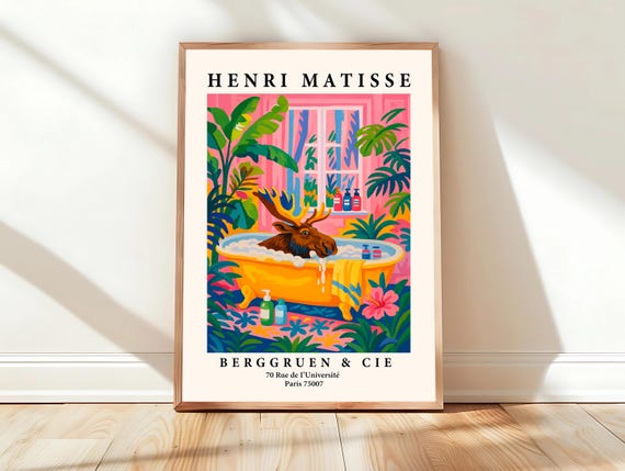 Moose In Bathtub Art Print Maximalism Wall Henri Matisse Pink Tropical Bathroom Decor Animal
