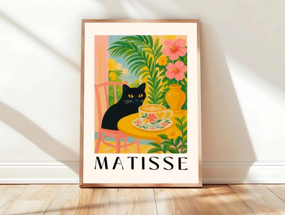 Funny Coffee Print Black Cat Wall Art Henri Matisse Kitchen Decor Dining Room