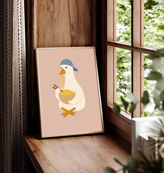 Silly Seated Goose Eating Noodles Poster Funny Duck Wall Art Quirky Bird Ramen Print Whimsical Animal Decor For Food Lovers