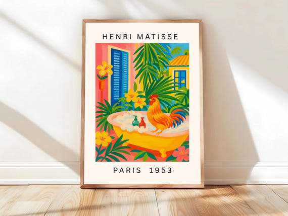 Rooster In Bathtub Art Print Pink Farm Decor Cowgirl Bathroom Wall Matisse Poster Bird