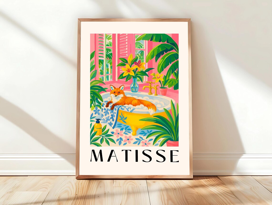 Fox In Bathtub Inspired By Matisse Art Pink Tropical Bathroom Decor Mid Century Wall Funny Poster