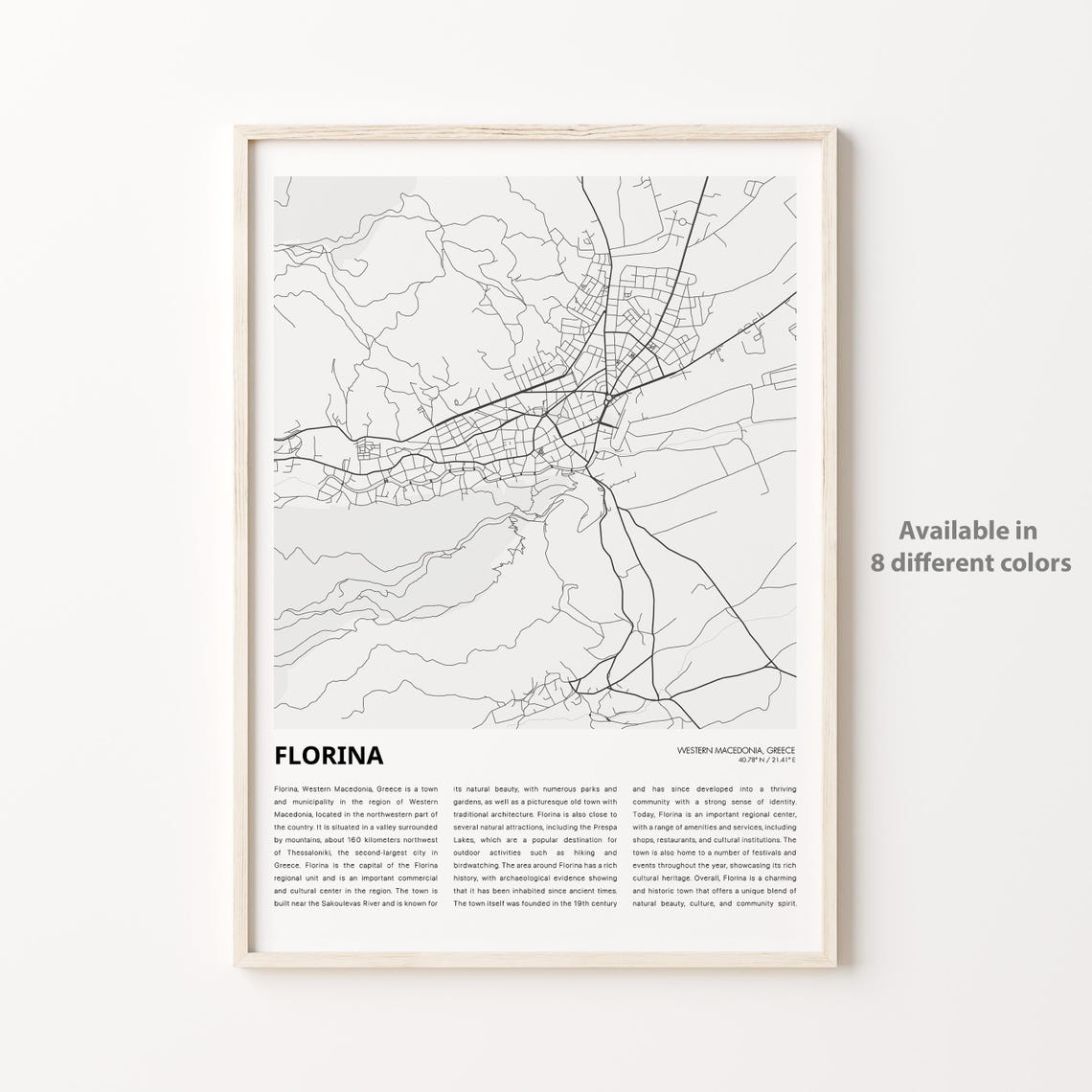 Florina Map Print Travel Wall Decor Art Western Macedonia Housewarming Gift