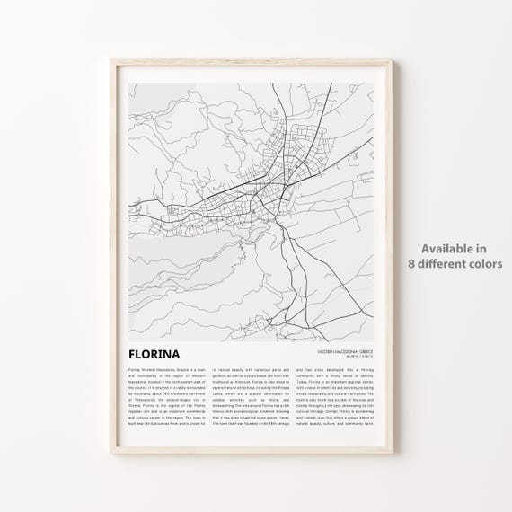 Florina Map Print Travel Wall Decor Art Western Macedonia Housewarming Gift