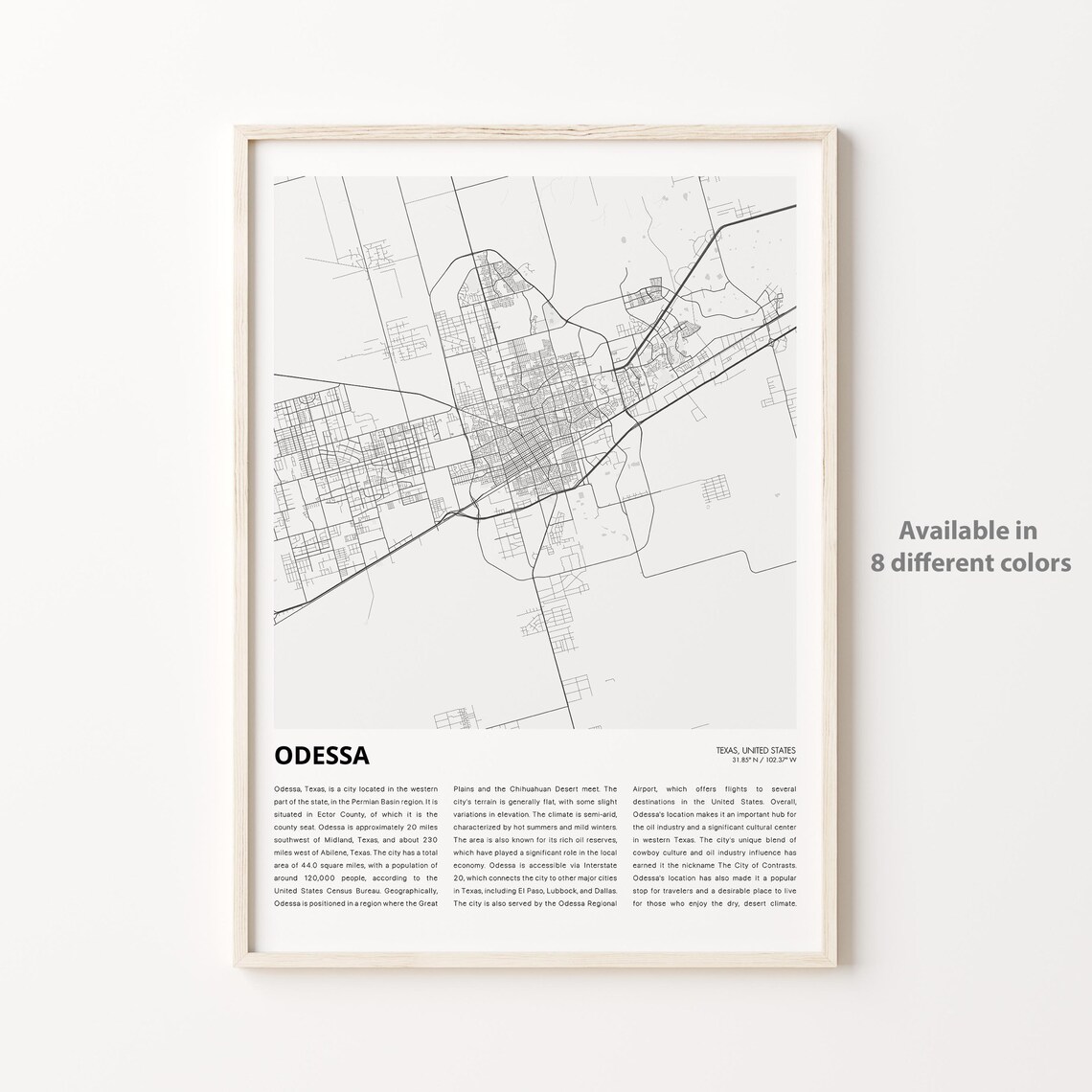Odessa Texas Minimalist Monochrome City Street Map Travel Poster