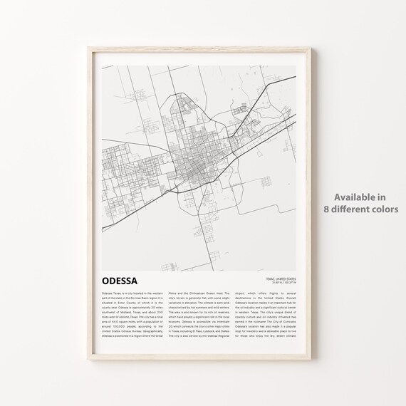 Odessa Texas Minimalist Monochrome City Street Map Travel Poster