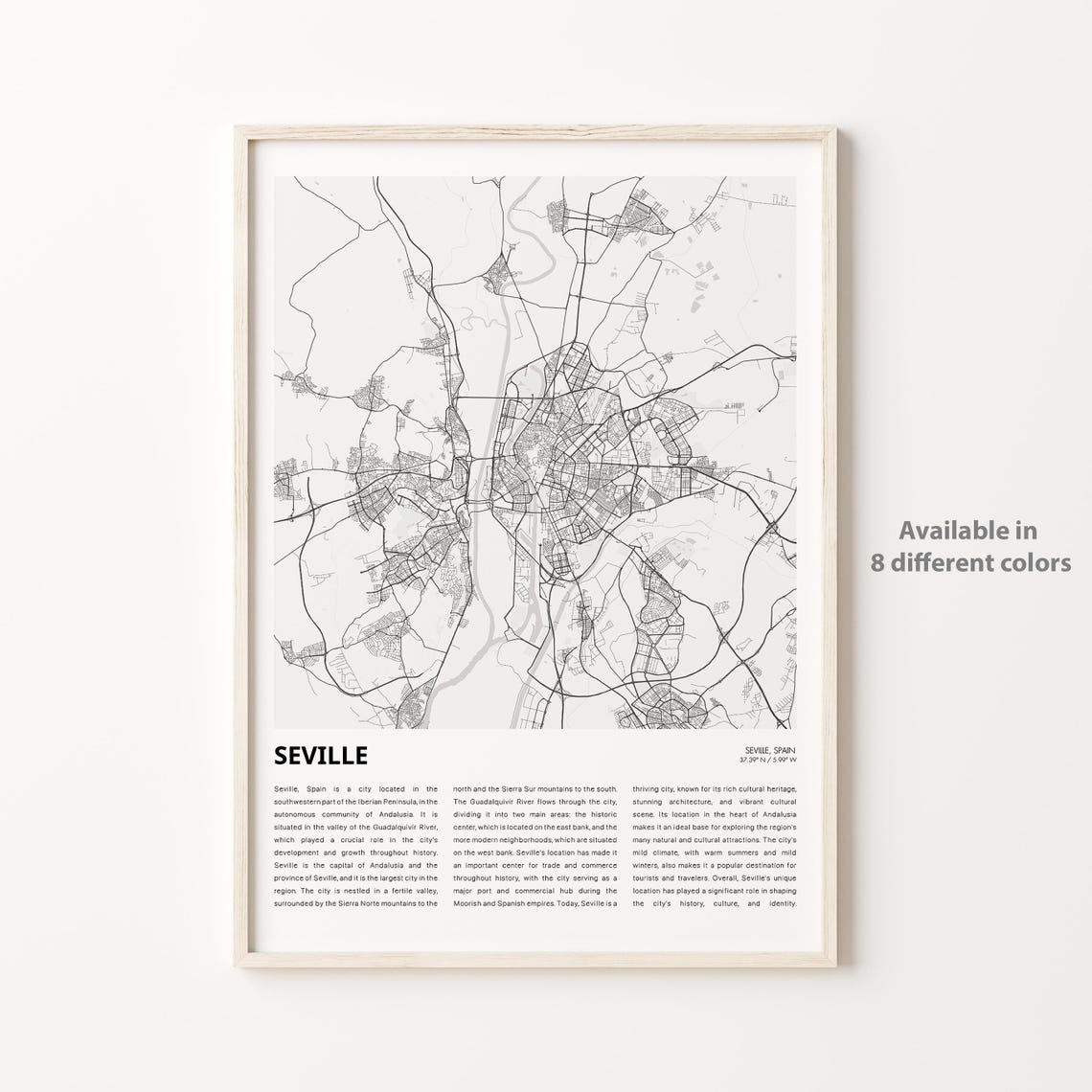 Seville Spain Minimalist Black and White City Street Map Poster