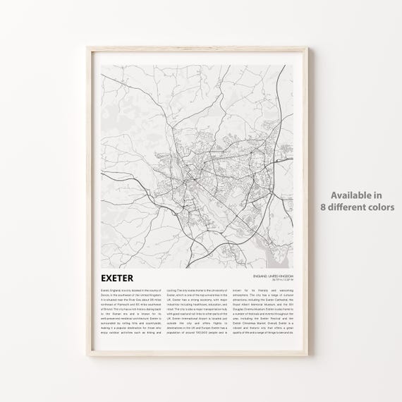 Exeter Map Print Travel Wall Decor Art England Housewarming Gift