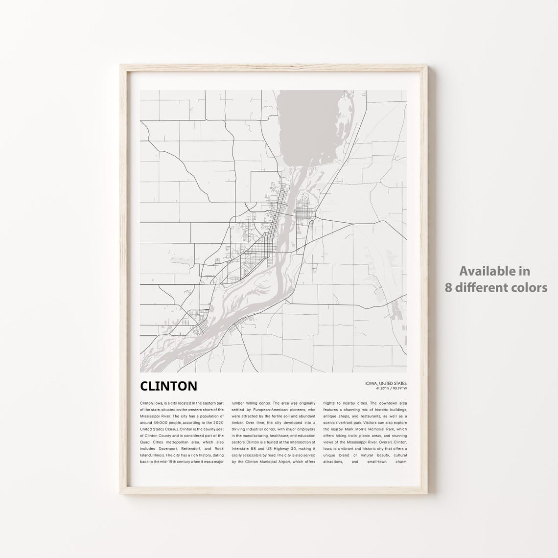 Clinton Iowa Minimalist Monochrome City Street Map Poster Gift