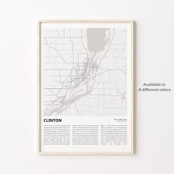 Clinton Map Print Travel Wall Decor Art Iowa Housewarming Gift