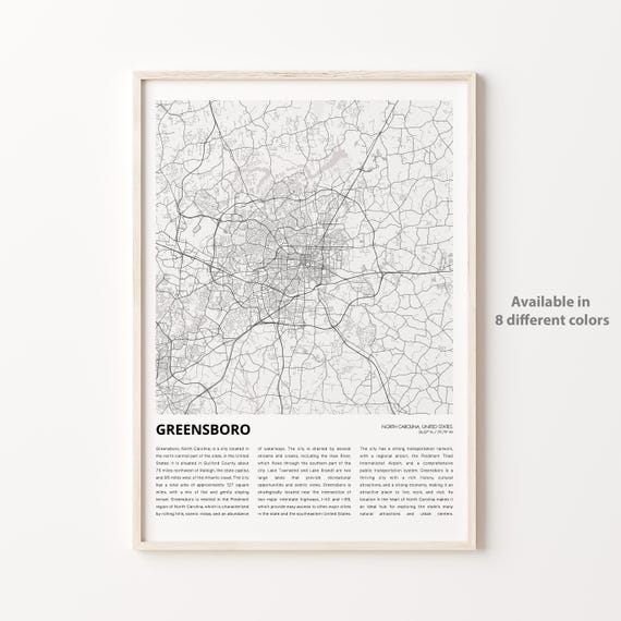 Greensboro Map Print Travel Wall Decor Art North Carolina Housewarming Gift