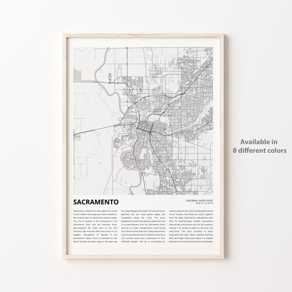 Sacramento California Monochrome City Street Map History Print