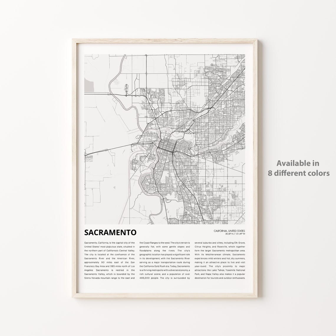 Sacramento California Monochrome City Street Map History Print