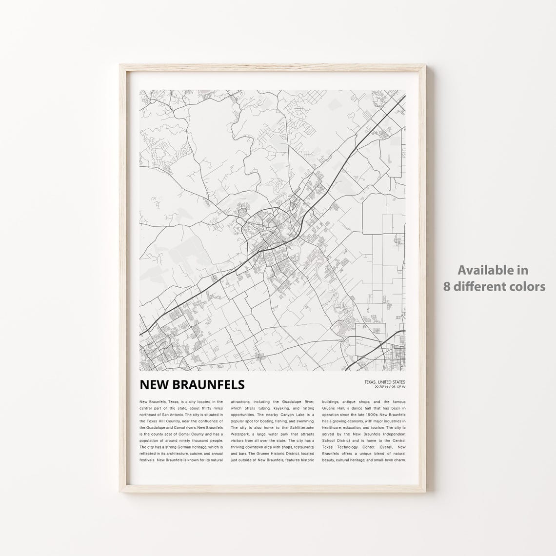 New Braunfels Texas Minimalist City Street Map Hill Country Travel Poster