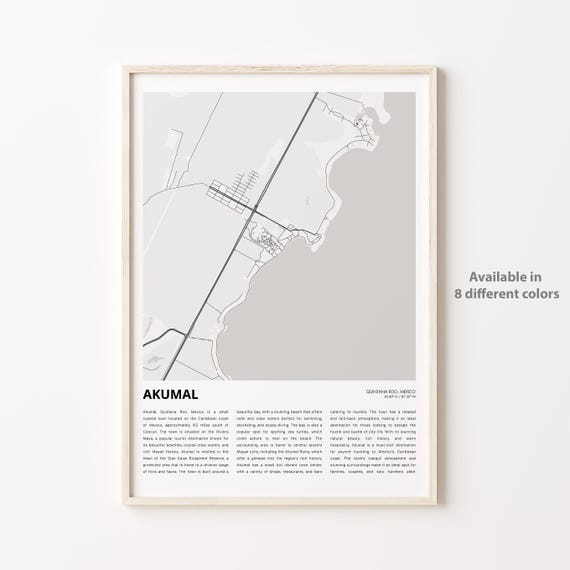 Akumal Map Print Travel Wall Decor Art Quintana Roo Housewarming Gift Poster