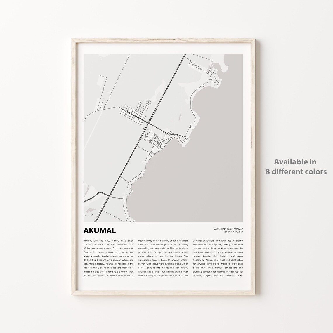 Akumal Mexico Monochrome City Street Map Minimalist Travel Poster