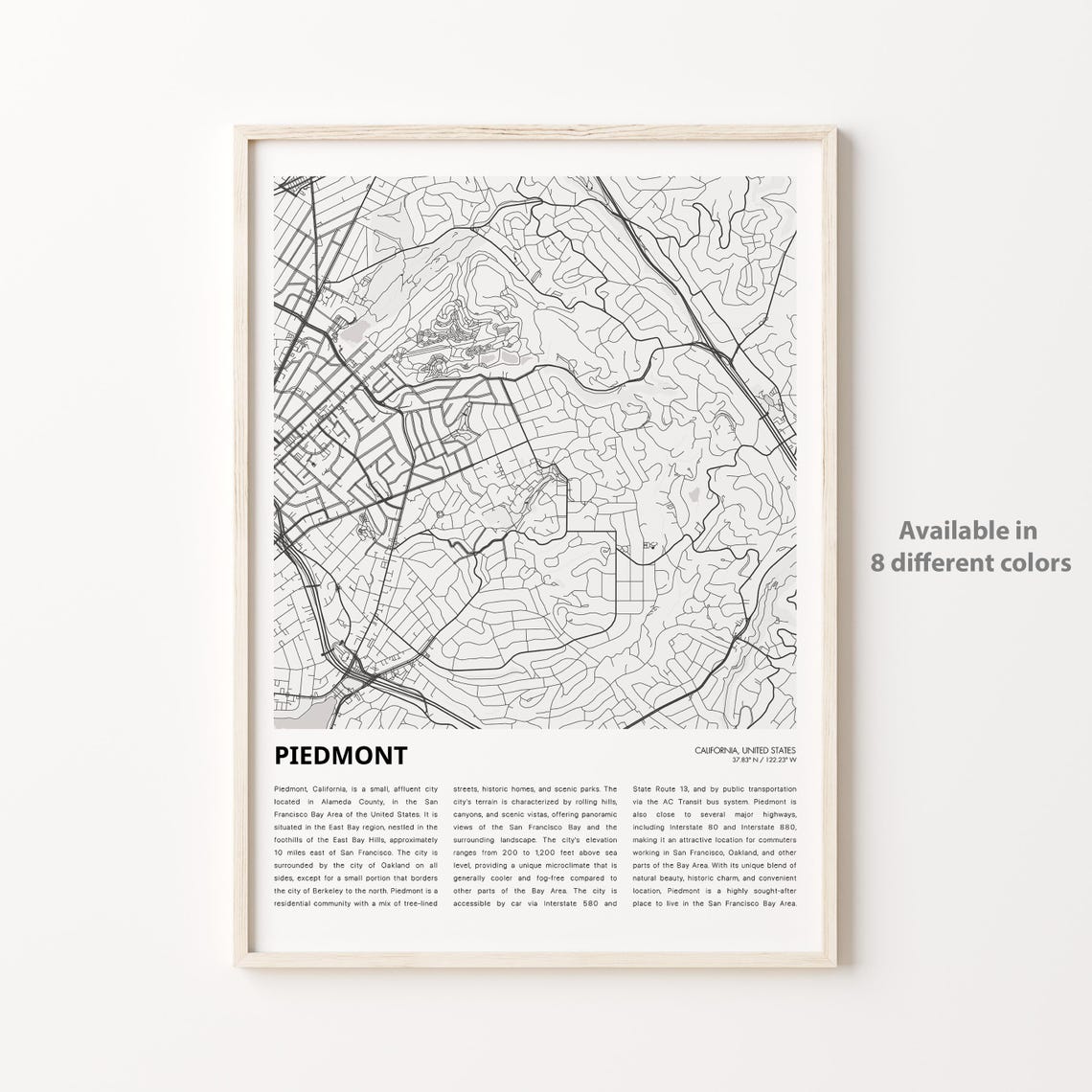 Piedmont California Minimalist City Street Map Travel Poster
