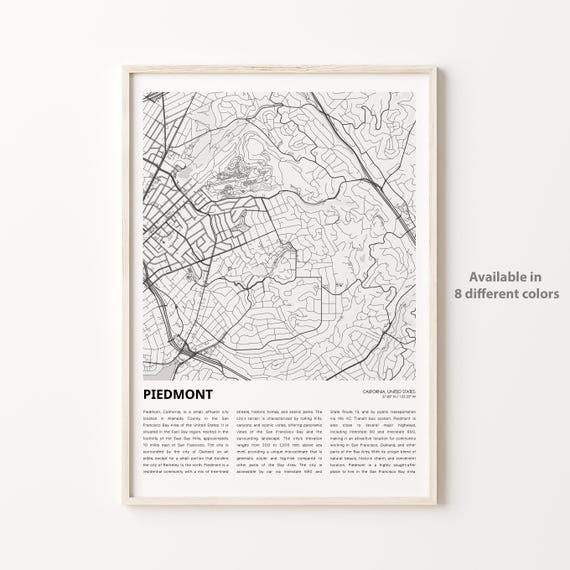 Piedmont California Minimalist City Street Map Travel Poster