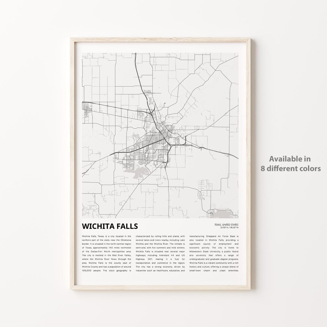 Wichita Falls Texas City Street Map Modern Wall Decor Art Poster