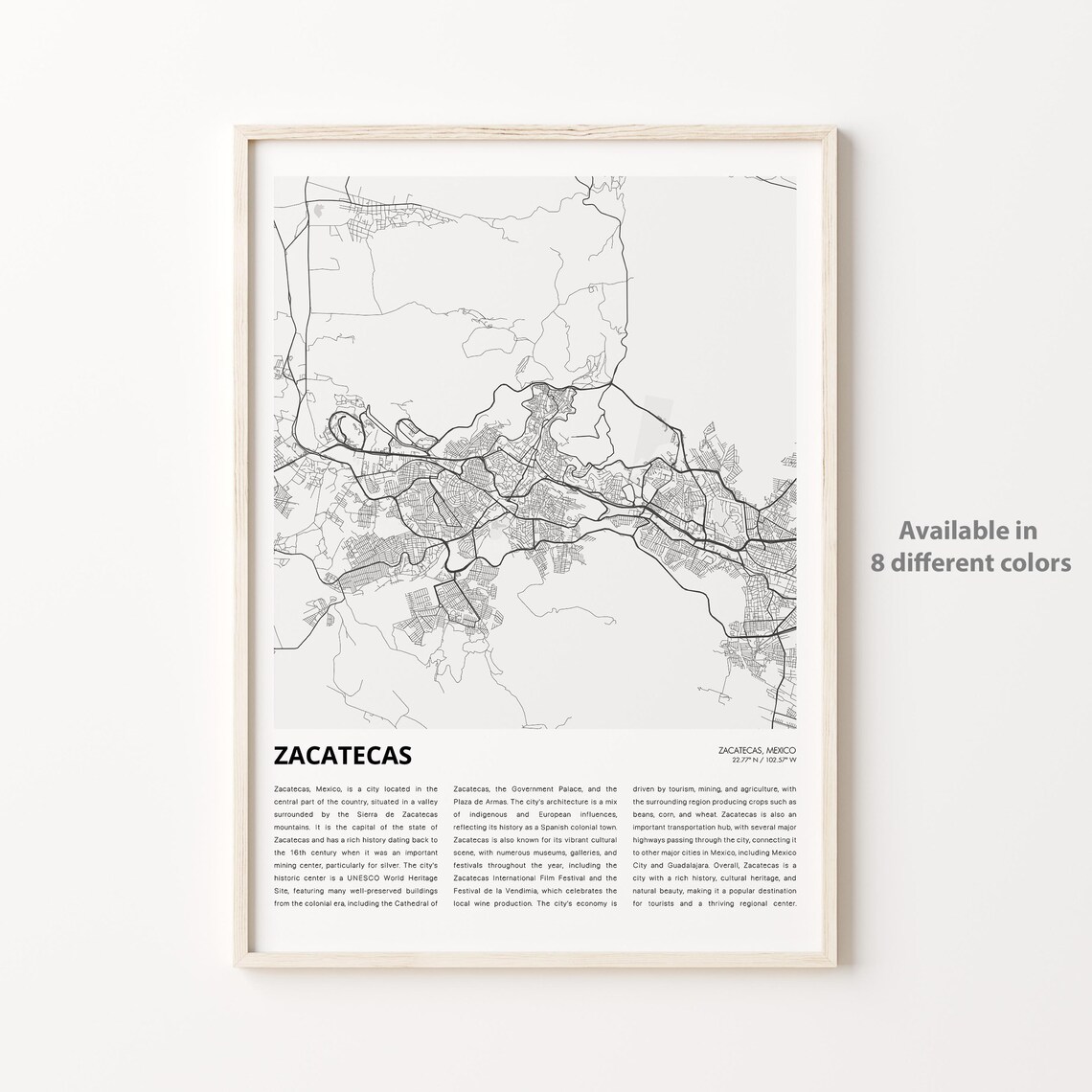 Zacatecas Map Travel Poster, Housewarming Wall Decor