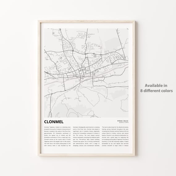 Clonmel Map Print Travel Wall Decor Art Tipperary Housewarming Gift