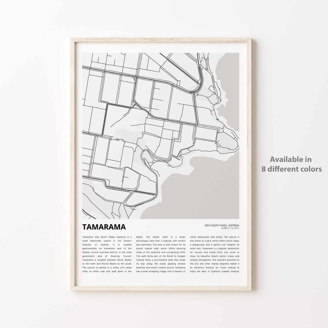 Tamarama Sydney Australia Minimalist Beach Map Monochrome Travel Poster
