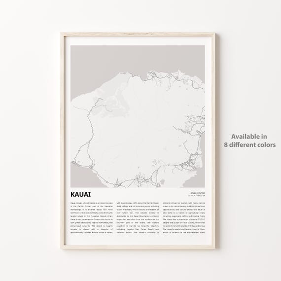 Kauai Hawaii Minimalist Street Map Poster Garden Isle Travel Art