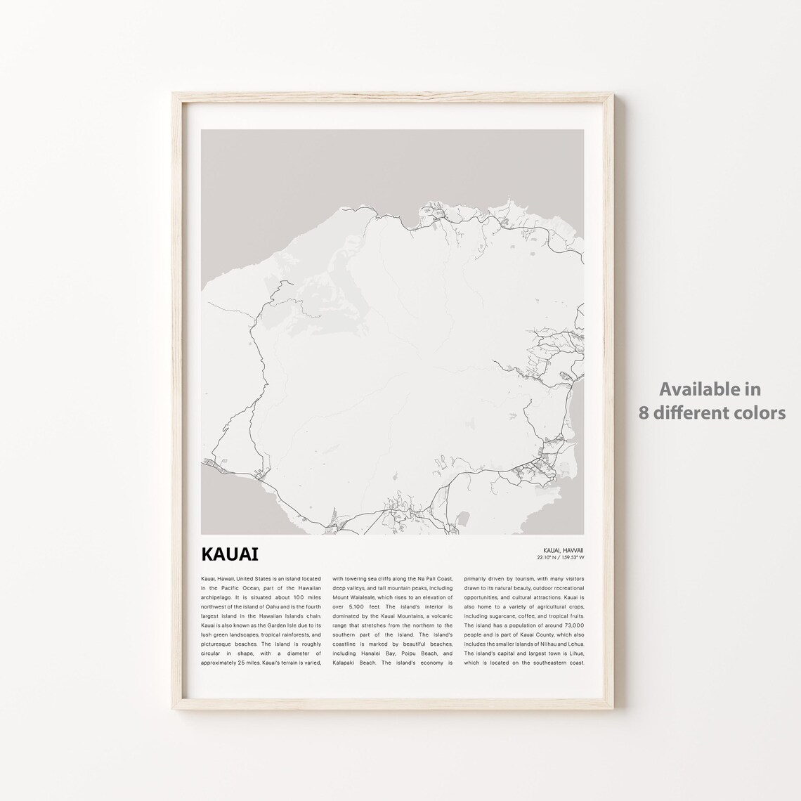 Kauai Hawaii Minimalist Street Map Poster Garden Isle Travel Art