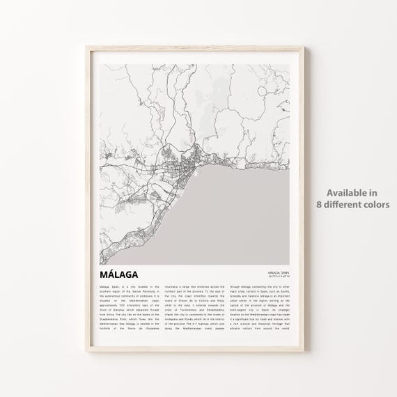 Mlaga Map Print Travel Wall Decor Art Housewarming Gift